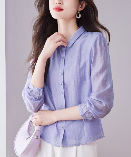 라미 의류 주간 실크 보라색 긴팔 여성 셔츠 2026 봄 새로운 문예 광장 칼라 몸매 가꾸기 슬림해 보이는 패션 다용도 맨위