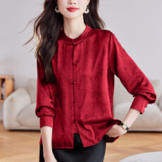 批发新中式<b class='q'>缎面</b>提花衬衫女2026春季新款国风盘扣衬衫女高端立领上衣