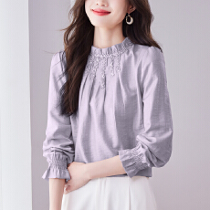 批发2026新款韩国气质立领木耳边褶皱重工刺绣钉珠套头长袖闪光天丝女