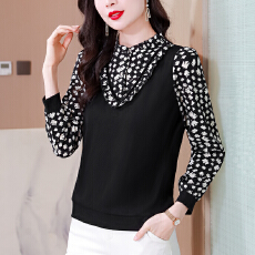 批发实拍洋气立领女装2026春秋季长袖打底衫木耳边显瘦衬衫印花上衣