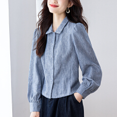 批发实拍亚麻上衣女高端修身长袖刺绣上衣灯笼袖2026年<b class='q'>春</b>季新款