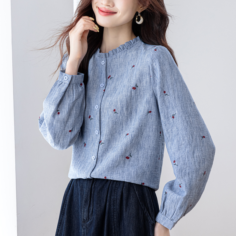 仿麻樱桃印花衬衫女春季新款木耳...
