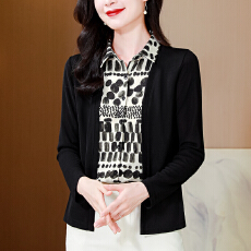 批发实拍春季时尚假两件开衫针织小衫女洋气显瘦妈妈装长袖衬衫上衣