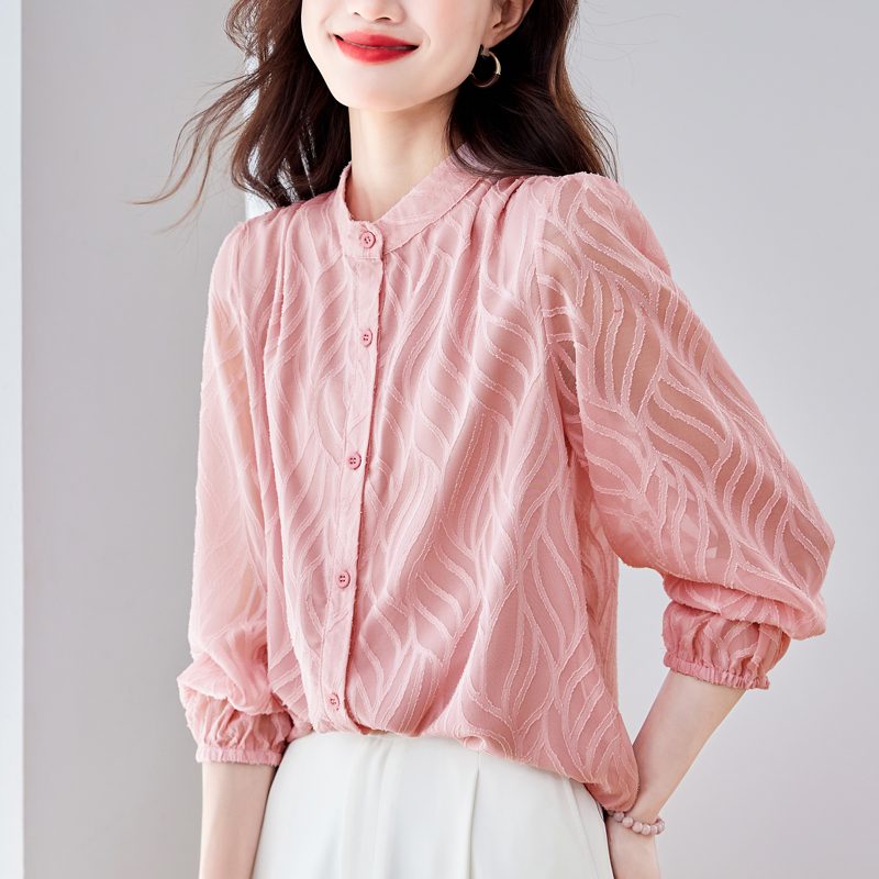 실사 패션 핑크색 자카드 긴팔 여성 셔츠 봄 여름 새로운 자외선 차단 셔츠 외부 가져 가라. 연령 감소 쉬폰 톱