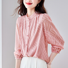 批发实拍时尚粉色提花<b class='q'>长袖</b>衬衫女春夏新款防晒衬衣外搭减龄<b class='q'>雪纺</b><b class='q'>上衣</b>