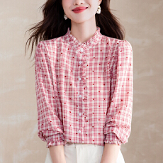 批发实拍印花格子桑蚕丝长袖春款木耳边立领女士衬衫洋气百搭长袖上衣