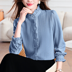 批发女装春款2026新款法式立领<b class='q'>宽松</b>衬衣木耳边仿麻珐琅条纹长袖上衣