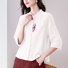 批发实拍     2026春夏新款<b class='q'>亚麻</b>纯色衬衫女七分袖刺绣立领上衣
