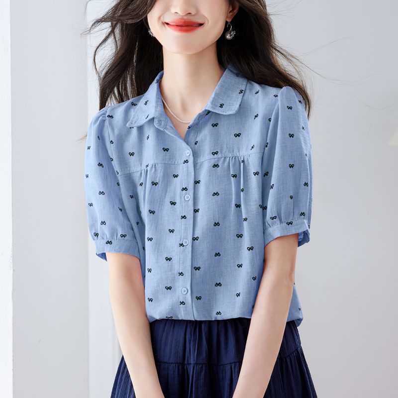 실사 패션 미니멀리즘 작은 폴로 칼라 벌룬 소매 모방 마 프린트 여성 셔츠 여름 루즈핏 연령 감소 슬림해 보이는 맨위