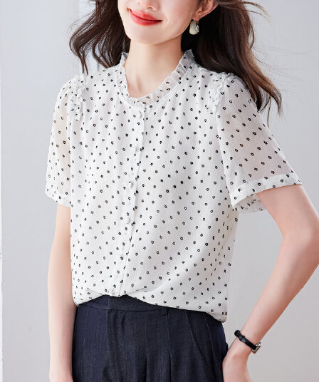 실사 여름 새로운 패션 외국 가스 연령 감소 프린트 반팔 여성 품격 다용도 슬림해 보이는 프릴 맨위