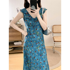 批发实大码蓝色印花荷叶边收腰连衣裙女新款温柔高知穿搭法式裙子