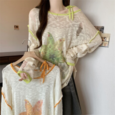 批发实拍斜肩长袖T恤女初秋新款韩系设计感杨桃印花破洞宽松休闲上衣