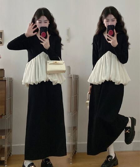 실사 봄 가을 레트로 궁정 바람 긴팔 V넥 배색 푹신한 맨위 허리밴드 캐주얼 트임 반 스커트 세트
