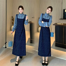 批发实拍大码海兰花秋冬法式设计感碎花假两件拼接<b class='q'>长袖</b>连衣<b class='q'>裙</b>