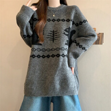 批发实拍大码毛衣女秋冬加厚外穿圆领套头宽松显瘦百搭针织衫上衣