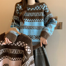 批发2025年秋冬新款复古风宽松慵懒创意感套头菱格条纹软糯费尔岛毛衣