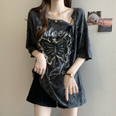 批发破洞斜肩短袖t恤<b class='q'>女</b>2025夏季<b class='q'>新款</b>蝴蝶结贴布体恤慵懒风别致上衣