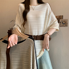 批发实拍半袖冰丝<b class='q'>针织衫</b>T恤女设计感微透条纹显瘦凉感<b class='q'>宽松</b>上衣加腰带