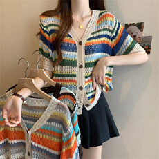 批发实拍彩色条纹冰丝针织开衫女<b class='q'>欧洲站</b>夏新款欧货女装洋气短外套潮