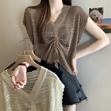 批发实拍<b class='q'>女装</b>遮肚冰丝针织V领皱褶抽绳背心女MM设计感小众显瘦上衣