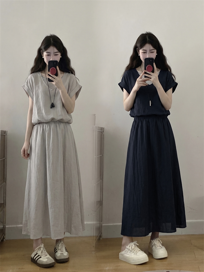 실사 빅 사이즈 여름 새로운 한 부서 캐주얼 다용도 페이크 레이어드 맨위 반신 치마 세트