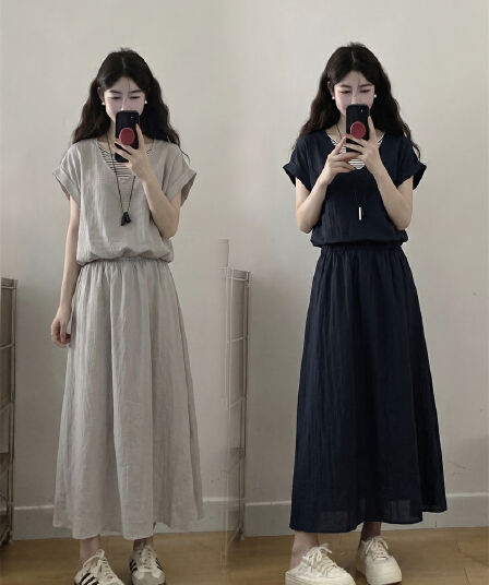 실사 빅 사이즈 여름 새로운 한 부서 캐주얼 다용도 페이크 레이어드 맨위 반신 치마 세트