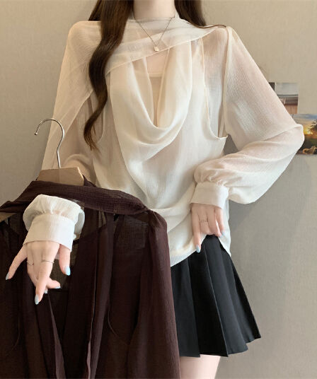 2026 년 프랑스식 Tulle 마이크로 ~을 통해 숄 칼라 페이크 레이어드 행침 목 리본 여성 셔츠 가을 해체 디자인 작은 셔츠