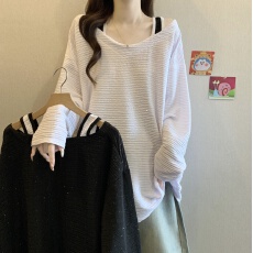 批发假两件挂脖肌理感细闪长袖T恤女早秋流行穿搭<b class='q'>大码</b>胖mm中长款上衣