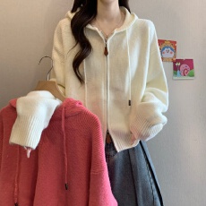 批发粉色连帽毛衣<b class='q'>外套</b>女秋冬新款大码胖mm韩系短款上衣双拉链针织开衫