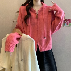 批发粉色连帽毛衣<b class='q'>外套</b>女秋冬新款大码胖mm韩系短款上衣双拉链针织开衫