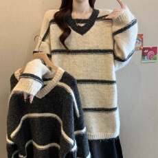 批发大码女装V领慵懒风<b class='q'>宽松</b>加厚毛衣外套女2025秋冬条纹长袖针织<b class='q'>上衣</b>