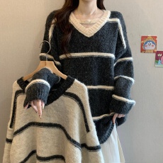 批发大码女装V领慵懒风<b class='q'>宽松</b>加厚毛衣外套女2025秋冬条纹长袖针织<b class='q'>上衣</b>
