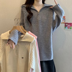 批发大码设计感翻领内搭针织<b class='q'>打底衫</b>女秋冬胖mm显瘦<b class='q'>宽松</b>半拉链毛衣上衣
