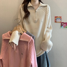 批发大码设计感翻领内搭针织<b class='q'>打底衫</b>女秋冬胖mm显瘦<b class='q'>宽松</b>半拉链毛衣上衣