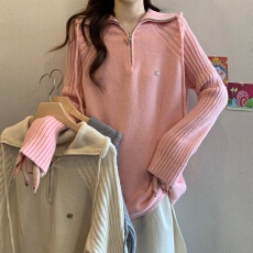 批发大码设计感翻领内搭针织<b class='q'>打底衫</b>女秋冬胖mm显瘦<b class='q'>宽松</b>半拉链毛衣上衣