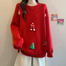 批发立体娃娃红色正肩毛衣女2025冬新款<b class='q'>大码</b>胖mm圣诞氛围感<b class='q'>针织衫</b>上衣