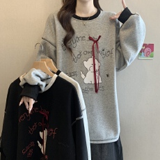 批发大码<b class='q'>女装</b>加绒加厚立体蝴蝶结猫咪印花长袖卫衣女冬宽松中长款上衣