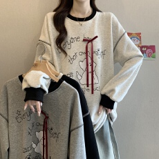 批发大码<b class='q'>女装</b>加绒加厚立体蝴蝶结猫咪印花长袖卫衣女冬宽松中长款上衣