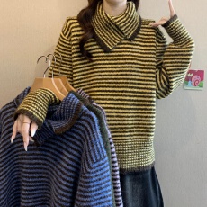 批发大码女装毛衣女冬软糯慵懒风翻领套头针织衫条纹加厚宽松长袖上衣