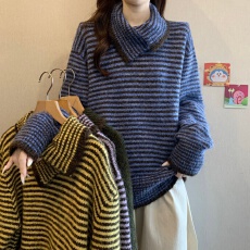 批发大码女装毛衣女冬软糯慵懒风翻领套头针织衫条纹加厚宽松长袖上衣