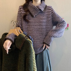 批发大码女装毛衣女冬软糯慵懒风翻领套头针织衫条纹加厚宽松长袖上衣