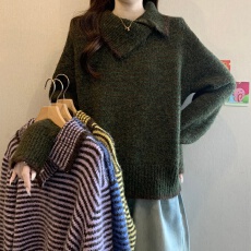 批发大码女装毛衣女冬软糯慵懒风翻领套头针织衫条纹加厚宽松长袖上衣