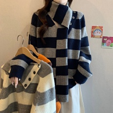 批发韩系复古围巾条纹毛衣套装女秋冬<b class='q'>大码</b>胖妹妹高级感气质显瘦针织衫