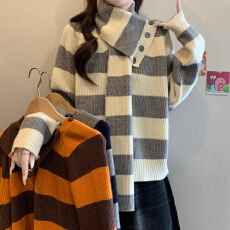 批发韩系复古围巾条纹毛衣套装女秋冬<b class='q'>大码</b>胖妹妹高级感气质显瘦针织衫