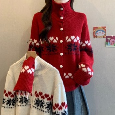 批发<b class='q'>大码</b>女装高领红色毛衣<b class='q'>外套</b>女新款秋冬开衫复古提花减龄针织衫上衣