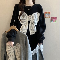 批发大码<b class='q'>女装</b>钩花边蝴蝶结圆领T恤女早春宽松时尚宽松中长版长袖上