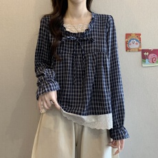 批发蕾丝花边浅蓝色条纹长袖衬衫女2025早春大码胖mm韩系chic减龄上衣