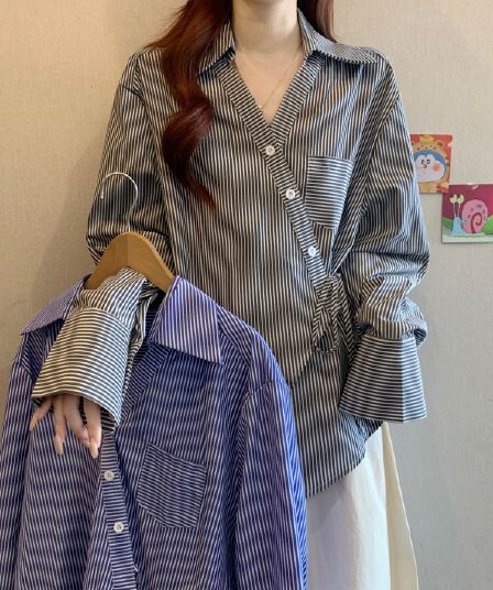 파란색 스트라이프 V넥 긴팔 만나는 여성 셔츠 봄 새로운 빅 사이즈 지방 mm 불규칙 레이스업 허리 수축 맨위