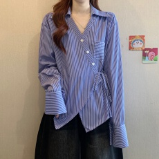 批发蓝色条纹V领长袖打底衬衫女春新款大码胖mm不规则系带收腰上衣