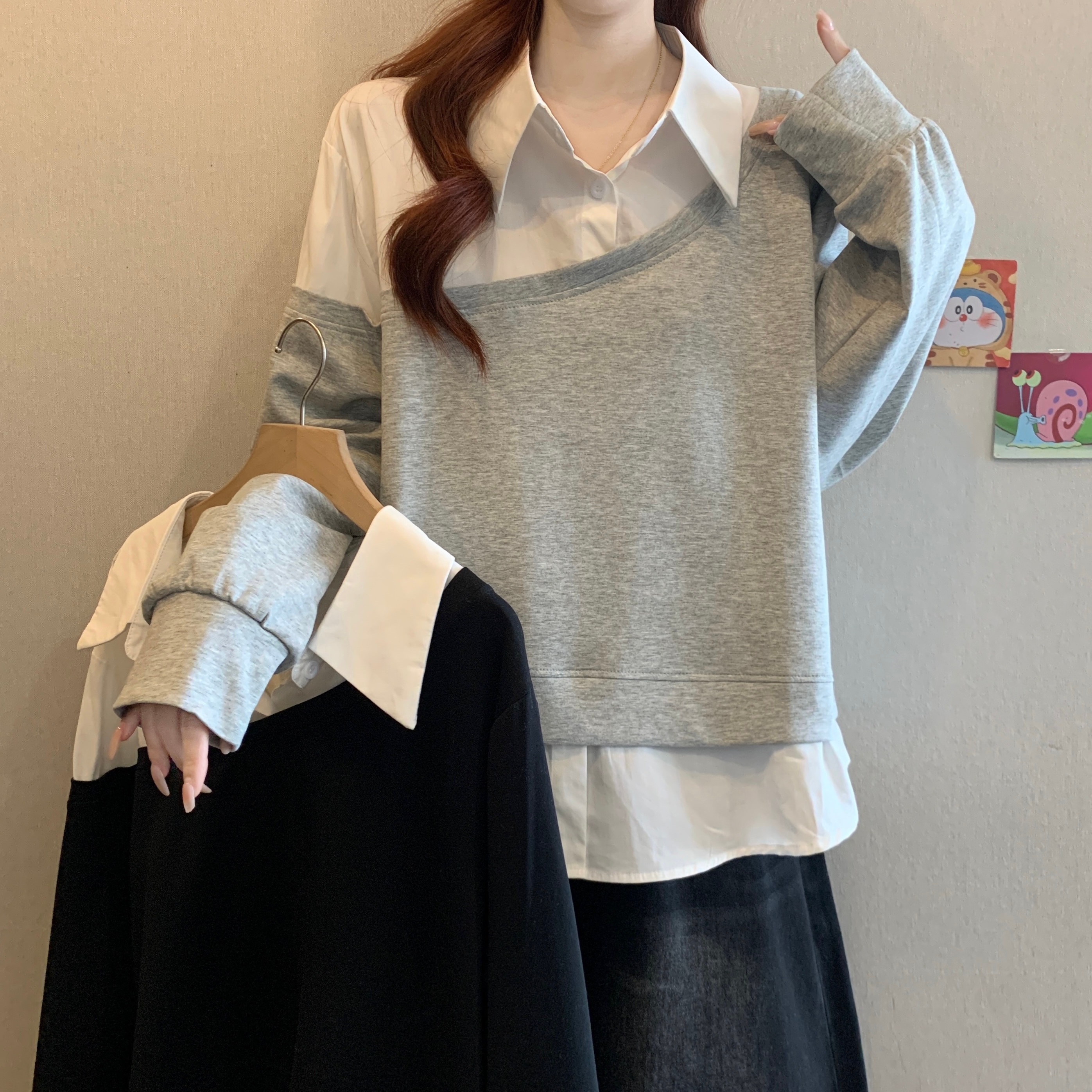 페이크 레이어드 셔츠 패치워크 긴팔 후드티 여자 봄 2026 빅 사이즈 지방 mm 슬림해 보이는 POLO 칼라 만나는 맨위